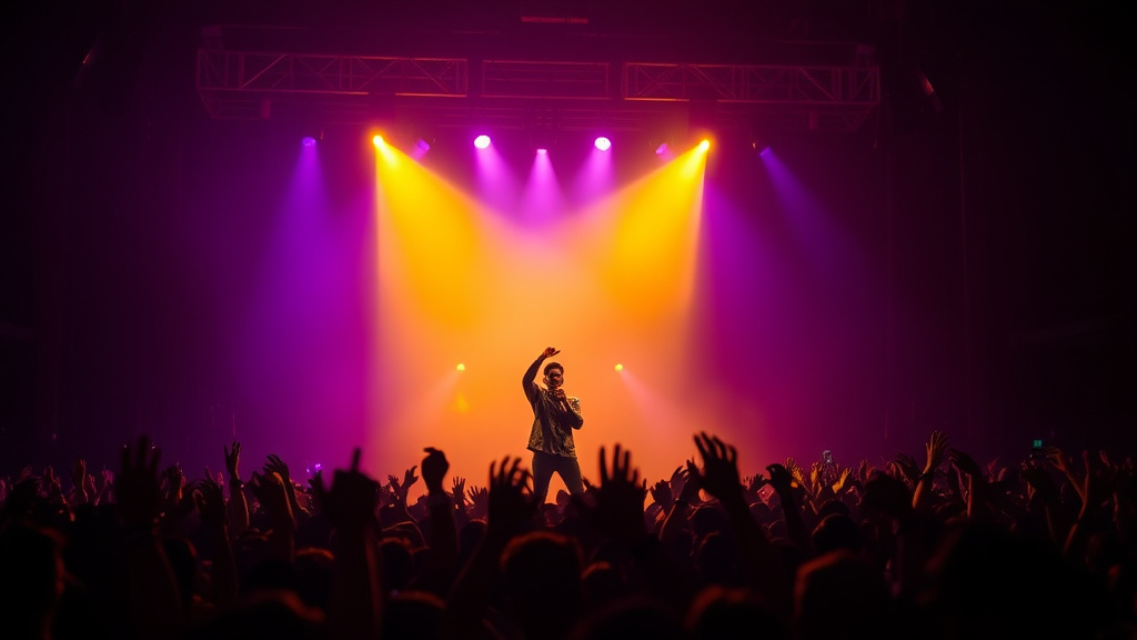 Concert stage with dramatic purple and gold lighting and massive crowd of fans