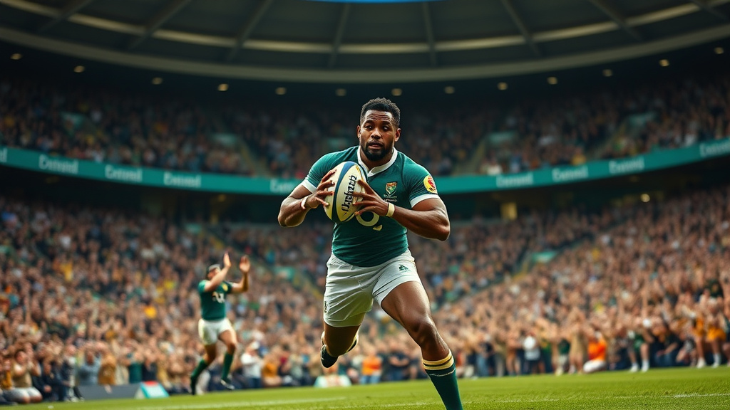 Rugby players in intense match action under bright stadium floodlights